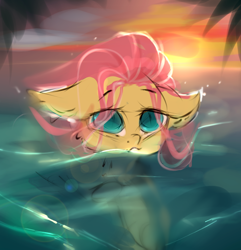 Size: 826x858 | Tagged: safe, artist:haokan, derpibooru import, fluttershy, pegasus, pony, beach, cute, sketch, solo, sunset, swimming, unfinished art, water, wave, wip