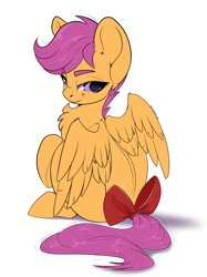 Size: 2248x3000 | Tagged: safe, artist:skitsroom, derpibooru import, scootaloo, pegasus, pony, bow, cute, cutealoo, female, filly, lidded eyes, looking back, mare, smiling, solo, tail bow