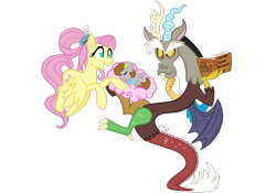 Size: 2388x1668 | Tagged: safe, artist:chelseawest, derpibooru import, discord, fluttershy, oc, oc:gaia, draconequus, pegasus, pony, baby, book, cloud, draconequus oc, female, lying down, lying on a cloud, magical discordian spawn, magical parthenogenic spawn, male, offspring, older, older fluttershy, on a cloud, parent:discord, simple background, transparent background