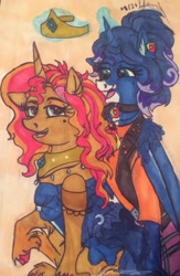 Size: 1024x1573 | Tagged: safe, artist:creative-blossom, derpibooru import, princess luna, sunset shimmer, alicorn, human, unicorn, friendship is magic, beauty mark, butt, choker, clothes, clothes swap, colored, costume swap, crown, cute, ear piercing, earring, female, humanized, jewelry, magic, mare, moonbutt, piercing, redesign, regalia, sitting, smiling, sunny, traditional art