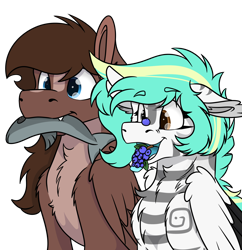 Size: 1764x1824 | Tagged: safe, artist:rokosmith26, derpibooru import, oc, oc only, oc:hell berry, oc:rokosmith, fish, pegasus, pony, blue eyes, blueberry, chest fluff, coat markings, couple, duo, fangs, female, floppy ears, food, heterochromia, looking forward, male, mare, married couple, mouth hold, open mouth, simple background, sitting, stallion, tongue out, transparent background, tribal marking, wings