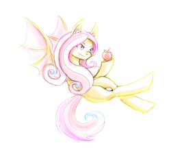 Size: 2300x2039 | Tagged: safe, artist:artifex670, derpibooru import, fluttershy, bat pony, pony, apple, bat ponified, colored sketch, female, flutterbat, food, looking at something, mare, race swap, simple background, solo, white background