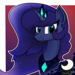 Size: 4000x4000 | Tagged: safe, artist:ser-p, derpibooru import, princess luna, alicorn, pony, absurd resolution, bust, crown, ethereal mane, female, jewelry, mare, portrait, regalia, smiling, solo, starry mane