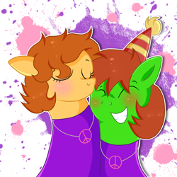 Size: 3000x3000 | Tagged: safe, artist:doraeartdreams-aspy, derpibooru import, oc, oc:aspen, oc:ryan, earth pony, birthday, bodysuit, catsuit, clothes, couple, eyes closed, female, happy, hat, hippie, jewelry, kiss on the head, latex, latex suit, male, necklace, party hat, peace suit, peace symbol, rubber suit, smiling, straight