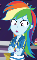 Size: 655x1035 | Tagged: safe, derpibooru import, screencap, rainbow dash, equestria girls, equestria girls series, holidays unwrapped, spoiler:eqg series (season 2), canterlot mall, clothes, cloud, cropped, crossed arms, dashing through the mall, female, geode of super speed, hoodie, jacket, jewelry, looking down, magical geodes, merchandise, multicolored hair, necklace, pants, rainbow, rainbow hair, shirt, short sleeves, store, t-shirt, thunderbolt, wristband