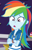 Size: 655x1035 | Tagged: safe, derpibooru import, screencap, rainbow dash, equestria girls, equestria girls series, holidays unwrapped, spoiler:eqg series (season 2), canterlot mall, clothes, cloud, cropped, crossed arms, dashing through the mall, female, geode of super speed, hoodie, jacket, jewelry, looking down, magical geodes, merchandise, multicolored hair, necklace, pants, rainbow, rainbow hair, shirt, short sleeves, store, t-shirt, thunderbolt, wristband