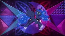 Size: 3840x2160 | Tagged: safe, artist:jennieoo, artist:laszlvfx, derpibooru import, edit, princess luna, alicorn, pony, cutie mark, ethereal mane, female, high res, looking at you, mare, smiling, solo, starry mane, wallpaper, wallpaper edit