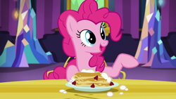 Size: 1280x720 | Tagged: safe, derpibooru import, screencap, pinkie pie, earth pony, pony, castle sweet castle, female, food, mare, pancakes, solo