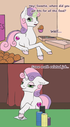 Size: 1000x1800 | Tagged: safe, artist:aterhut, derpibooru import, sweetie belle, pony, unicorn, 2 panel comic, blackjack, comic, cutie mark, eating, female, food, gambling, glowing horn, horn, muffin, pizza box, playing card, poker chips, solo, technically correct, the cmc's cutie marks