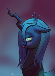 Size: 1455x2000 | Tagged: safe, artist:aterhut, derpibooru import, queen chrysalis, changeling, changeling queen, bust, female, floppy ears, forked tongue, licking, licking lips, looking at you, looking sideways, profile, solo, tongue out