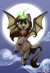 Size: 2000x2895 | Tagged: safe, artist:colorfulcolor233, derpibooru import, oc, oc only, bat pony, kirin, pony, cute, cute little fangs, fangs, moon, night, solo