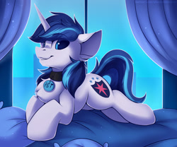 Size: 1500x1250 | Tagged: safe, artist:shadowreindeer, derpibooru import, shining armor, pony, unicorn, bed, chest fluff, collar, cute, eye clipping through hair, looking at you, lying down, male, pet tag, pony pet, prone, shining adorable, smiling, solo, stallion