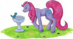 Size: 1533x832 | Tagged: safe, artist:rikakitty, derpibooru import, wingsong, bird, earth pony, g2, fountain, long tail, solo