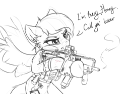 Size: 2400x1800 | Tagged: safe, artist:ravistdash, derpibooru import, oc, oc only, oc:ravist, pegasus, armor, blood, dialogue, ear fluff, earpiece, eotech, gun, kriss vector, monochrome, solo, talking, weapon, wings