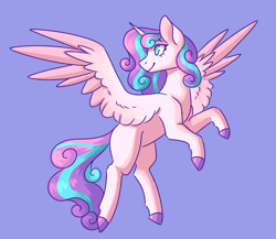 Size: 2300x2000 | Tagged: safe, artist:flaming-trash-can, derpibooru import, princess flurry heart, alicorn, pony, blank flank, female, flying, hooves, looking back, mare, older, older flurry heart, simple background, smiling, solo