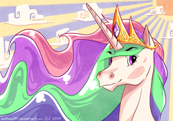 Size: 2000x1400 | Tagged: safe, artist:maltese101, derpibooru import, princess celestia, alicorn, pony, cloud, head, hoers, solo, sun