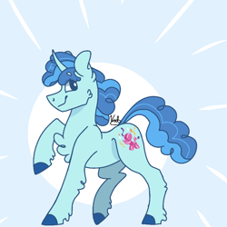 Size: 768x768 | Tagged: safe, artist:valkiria, derpibooru import, party favor, unicorn, blue background, cute, horn, male, simple background, smiling