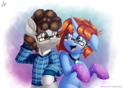 Size: 1280x914 | Tagged: safe, artist:pyropk, derpibooru import, oc, oc only, pony, unicorn, blush sticker, blushing, clothes, commission, ear piercing, earring, glasses, jewelry, looking at each other, pair, piercing, smiling, sweater