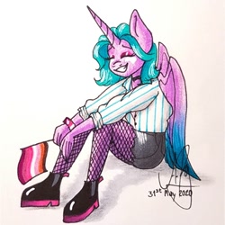 Size: 1080x1080 | Tagged: safe, artist:galaxy.in.mind, derpibooru import, oc, oc only, oc:angela, alicorn, anthro, alicorn oc, bracelet, choker, clothes, eyes closed, female, fishnet stockings, flag, horn, jewelry, shoes, shorts, signature, sitting, traditional art, wings