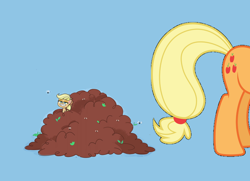 Size: 2208x1600 | Tagged: artist needed, safe, derpibooru import, edit, edited screencap, screencap, applejack, earth pony, fly, insect, pony, my little pony: pony life, the 5 habits of highly effective ponies, spoiler:pony life s01e34, cutie mark, female, fertilizer, flank, implied poop, mare, rear, solo, toilet humor, vector