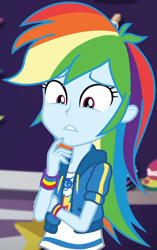 Size: 651x1035 | Tagged: safe, derpibooru import, screencap, rainbow dash, better together, equestria girls, holidays unwrapped, canterlot mall, clothes, cloud, cropped, crossed arm, cute, dashabetes, dashing through the mall, female, geode of super speed, hoodie, jacket, jewelry, looking down, magical geodes, merchandise, multicolored hair, necklace, pants, rainbow, rainbow hair, shirt, short sleeves, store, t-shirt, thunderbolt, wristband