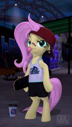 Size: 1080x1920 | Tagged: safe, artist:owlpirate, derpibooru import, fluttershy, pegasus, pony, semi-anthro, 3d, 90s grunge fluttershy, baseball cap, bubblegum, cap, clothes, ear piercing, earring, food, gameloft, gameloft interpretation, gum, hat, jewelry, piercing, punk, skateboard