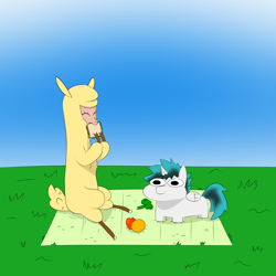 Size: 5315x5315 | Tagged: safe, artist:depressant, derpibooru import, paprika paca, oc, oc:nich, alicorn, pony, them's fightin' herds, community related, picnic, squatpony