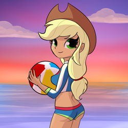 Size: 2531x2531 | Tagged: safe, artist:tjpones, derpibooru import, applejack, equestria girls, beach, beach ball, clothes, cute, female, jackabetes, looking at you, looking back, looking back at you, midriff, ocean, smiling, solo, sunset, swimsuit