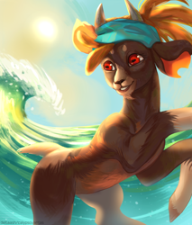 Size: 1838x2160 | Tagged: safe, artist:calypsovantas, derpibooru import, shanty goat, goat, them's fightin' herds, community related, female, ocean, rearing, solo, sun, wave
