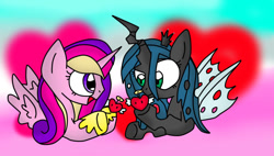 Size: 916x521 | Tagged: safe, artist:ameliayap, derpibooru import, princess cadance, queen chrysalis, alicorn, changeling, changeling queen, pony, female, heart