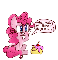 Size: 584x601 | Tagged: safe, artist:ameliayap, derpibooru import, pinkie pie, earth pony, pony, blushing, cake, cherry, dialogue, female, food, simple background, solo, speech bubble, transparent background