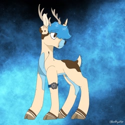 Size: 1280x1280 | Tagged: safe, artist:ravenroyal21, derpibooru import, deer, deer pony, original species, pony, abstract background, antlers, cloven hooves, crankgameplays, looking back, male, ponified, signature, solo, stallion