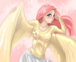 Size: 984x812 | Tagged: artist needed, source needed, safe, derpibooru import, fluttershy, human, abstract background, clothes, female, humanized, looking at you, solo, sweater, sweatershy, winged humanization, wings