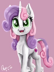 Size: 768x1024 | Tagged: safe, artist:raphaeldavid, sweetie belle, pony, unicorn, chest fluff, cute, cutie mark, diasweetes, female, looking at you, mare, pink background, signature, simple background, smiling, solo, the cmc's cutie marks, unshorn fetlocks