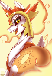 Size: 1200x1746 | Tagged: safe, artist:johnjoseco, daybreaker, alicorn, pony, black sclera, butt, crown, fangs, female, lidded eyes, looking at you, looking back, looking back at you, mane of fire, mare, open mouth, plot, sharp teeth, signature, solo, teeth