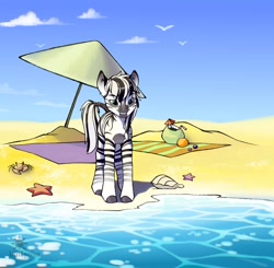 Size: 1280x1255 | Tagged: safe, artist:lilitepsilon, derpibooru import, oc, oc:palatinatus clypeus, crab, zebra, beach, eye scar, male, sand, scar, seastar, solo, towel, umbrella, water, zebra oc