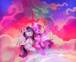 Size: 2048x1678 | Tagged: safe, artist:dearmary, derpibooru import, twilight sparkle, twilight sparkle (alicorn), oc, alicorn, pegasus, pony, cloud, female, music notes