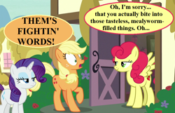 Size: 924x594 | Tagged: safe, derpibooru import, edit, edited screencap, screencap, applejack, rarity, strawberry sunrise, earth pony, pony, unicorn, honest apple, angry, applejack's hat, backhanded apology, cowboy hat, cropped, dialogue, hat, ponyville, speech bubble, strawberry savage, that pony sure does hate apples