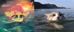 Size: 1788x790 | Tagged: safe, artist:haokan, derpibooru import, fluttershy, cat, pegasus, pony, beach, cute, female, mare, ponified animal photo, sketch, solo, sunset, swimming, unfinished art, water, wave, wip