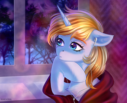 Size: 2691x2197 | Tagged: safe, artist:hakaina, derpibooru import, oc, oc only, oc:skydreams, pony, unicorn, blanket, earbuds, female, looking away, mare, solo, tree, window