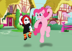 Size: 2912x2059 | Tagged: safe, artist:r0se-demon, derpibooru import, pinkie pie, earth pony, pony, crossover, jump rope, ponyville, ruby gloom, smiling