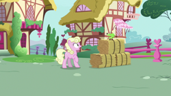 Size: 1920x1080 | Tagged: safe, derpibooru import, screencap, millie, the big mac question, apple, food, hay bale