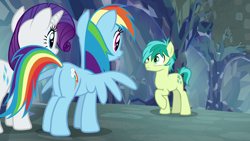 Size: 1280x720 | Tagged: safe, derpibooru import, screencap, rainbow dash, rarity, sandbar, earth pony, pegasus, pony, unicorn, what lies beneath, butt, female, mare, plot, rainbutt dash