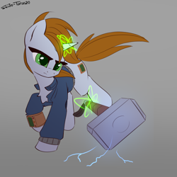 Size: 2400x2400 | Tagged: safe, artist:shido-tara, derpibooru import, oc, oc:littlepip, fallout equestria, crossover, glowing horn, hammer, horn, mjölnir, pipbuck, simple background, sketch, war hammer, worthy