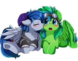 Size: 3215x2540 | Tagged: safe, artist:pridark, derpibooru import, oc, oc only, pegasus, pony, blue eyes, blushing, clothes, commission, duo, eyes closed, goggles, high res, hoodie, kissing, open mouth, simple background, surprise kiss, transparent background, underhoof