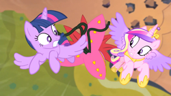 Size: 1920x1080 | Tagged: safe, derpibooru import, screencap, princess cadance, twilight sparkle, twilight sparkle (alicorn), alicorn, pony, tatzlwurm, three's a crowd, flying