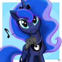 Size: 2048x2048 | Tagged: safe, artist:whitequartztheartist, derpibooru import, princess luna, alicorn, pony, blue mane, cute, gamer luna, looking at you, lunabetes, mouth hold, solo, starry eyes, video game, wingding eyes