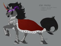 Size: 1600x1200 | Tagged: safe, artist:dementra369, derpibooru import, king sombra, pony, unicorn, armor, cape, clothes, colored horn, horn, leonine tail, solo, sombra eyes