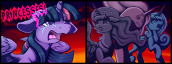 Size: 4096x1536 | Tagged: artist needed, safe, derpibooru import, princess cadance, princess celestia, princess luna, twilight sparkle, twilight sparkle (alicorn), alicorn, pony, my little pony: the movie, /mlp/, 4chan, coomer, crying, drawthread, statue, stone, sunset, word bubble