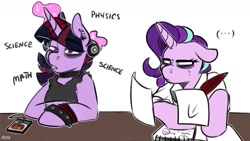 Size: 1200x675 | Tagged: safe, artist:lrusu, derpibooru import, starlight glimmer, twilight sparkle, unicorn, ..., alternate hairstyle, alternate universe, choker, ear piercing, earring, glowing horn, horn, jewelry, magic, piercing, punk, punklight sparkle, simple background, telekinesis, white background